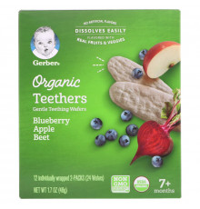 Gerber, Organic Teethers, Gentle Teething Wafers, 7+ Months, Blueberry Apple Beet, 1.7 oz (48 g)