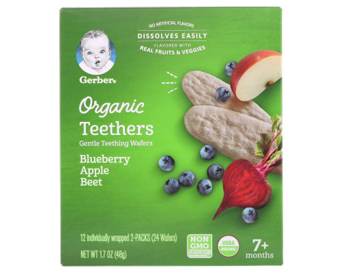 Gerber, Organic Teethers, Gentle Teething Wafers, 7+ Months, Blueberry Apple Beet, 1.7 oz (48 g) Gerber, Organic Teethers, Gentle Teething Wafers, 7+ Months, Blueberry Apple Beet, 1.7 oz (48 g)