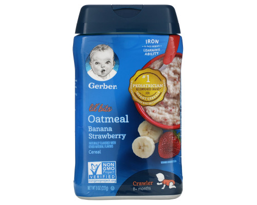 Gerber, Lil' Bits, овсяная каша, ползающий малыш, от 8 месяцев, банан и клубника, 8 унций (227 г) Gerber, Lil' Bits, овсяная каша, ползающий малыш, от 8 месяцев, банан и клубника, 8 унций (227 г)