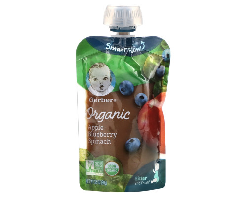 Gerber, Основное питание, Органическое детское пюре из яблок, голубки и шпината, 3,5 унции (99 г) Gerber, Основное питание, Органическое детское пюре из яблок, голубки и шпината, 3,5 унции (99 г)
