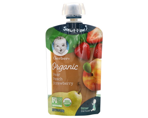 Gerber, 2nd Foods, органическое детское питание, груша, персик и клубника, 3,5 унции (99 г) Gerber, 2nd Foods, органическое детское питание, груша, персик и клубника, 3,5 унции (99 г)