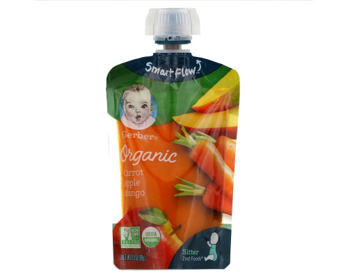 Gerber, Основное питание, Органическое детское пюре из моркови, яблок и манго, 3,5 унции (99 г) Gerber, Основное питание, Органическое детское пюре из моркови, яблок и манго, 3,5 унции (99 г)