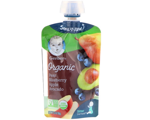 Gerber, Organic, Smart Flow, Sitter, 2nd Foods, Pear, Blueberry, Apple, Avocado, 3.5 oz (99 g) Gerber, Organic, Smart Flow, Sitter, 2nd Foods, Pear, Blueberry, Apple, Avocado, 3.5 oz (99 g)