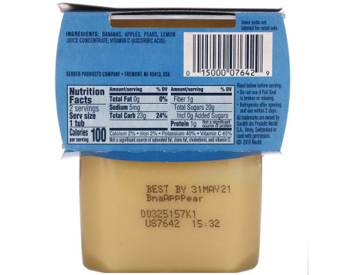 Gerber, Banana, Apple, Pear, 2 Packs, 4 oz (113 g) Each Gerber, Banana, Apple, Pear, 2 Packs, 4 oz (113 g) Each