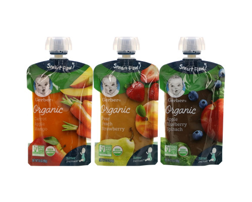 Gerber, Organic Value Pack, Pear Peach Strawberry, Carrot Apple Mango, Apple Blueberry Spinach, 9 Pouches, 3.5 oz (99 g) Each Gerber, Organic Value Pack, Pear Peach Strawberry, Carrot Apple Mango, Apple Blueberry Spinach, 9 Pouches, 3.5 oz (99 g) Each