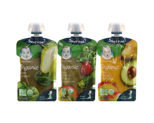 Gerber, Organic Variety Pack, Pear Spinach, Pear Mango Avocado, Apple Zucchini Spinach Strawberry, 9 Pouches, 3.5 oz (99 g) Each Gerber, Organic Variety Pack, Pear Spinach, Pear Mango Avocado, Apple Zucchini Spinach Strawberry, 9 Pouches, 3.5 oz (99 g) Each