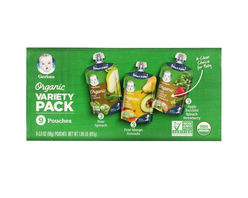 Gerber, Organic Variety Pack, Pear Spinach, Pear Mango Avocado, Apple Zucchini Spinach Strawberry, 9 Pouches, 3.5 oz (99 g) Each Gerber, Organic Variety Pack, Pear Spinach, Pear Mango Avocado, Apple Zucchini Spinach Strawberry, 9 Pouches, 3.5 oz (99 g) Each