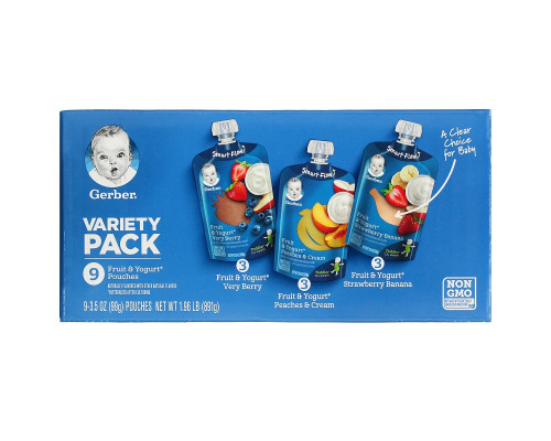 Gerber, Variety Pack, 12+ Months, Fruit & Yogurt, 9 Pouches, 3.5 oz (99 g) Each Gerber, Variety Pack, 12+ Months, Fruit & Yogurt, 9 Pouches, 3.5 oz (99 g) Each