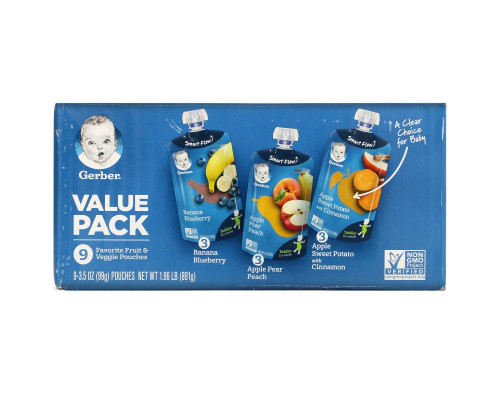 Gerber, Value Pack, 12+ Months, Favorite Fruit & Veggie, 9 Pouches, 3.5 oz (99 g) Each Gerber, Value Pack, 12+ Months, Favorite Fruit & Veggie, 9 Pouches, 3.5 oz (99 g) Each