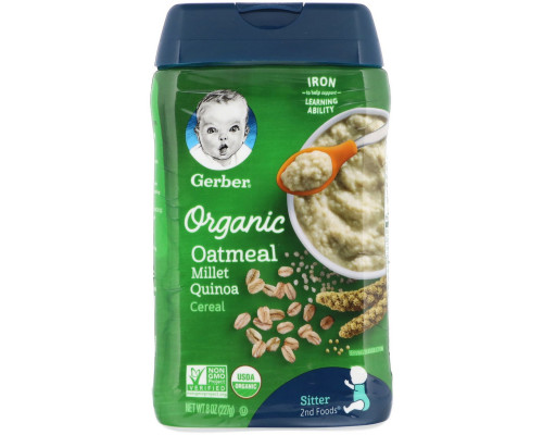 Gerber, Organic Oatmeal Cereal, Sitter, Millet Quinoa, 8 oz (227 g) Gerber, Organic Oatmeal Cereal, Sitter, Millet Quinoa, 8 oz (227 g)