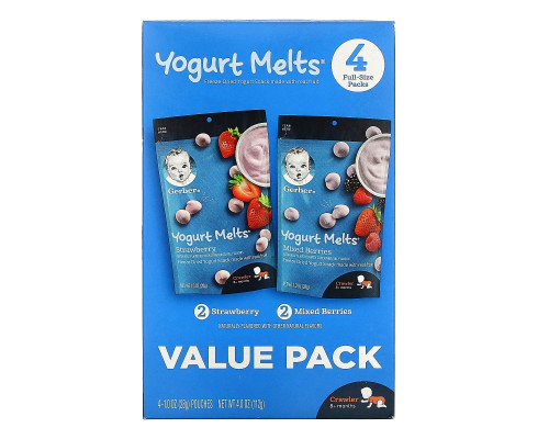 Gerber, Yogurt Melts, 8+ Months, Strawberry & Mixed Berries, 4 Packs, 1.0 oz (28 g) Each Gerber, Yogurt Melts, 8+ Months, Strawberry & Mixed Berries, 4 Packs, 1.0 oz (28 g) Each