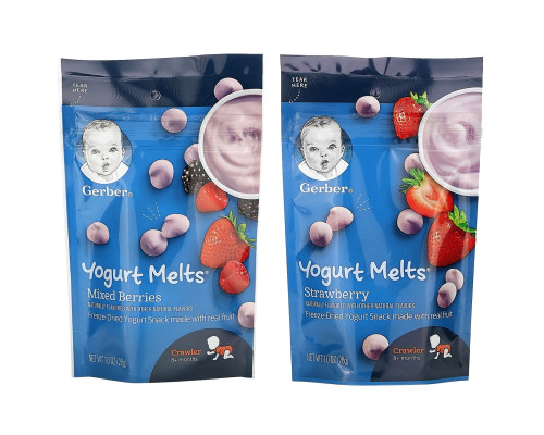 Gerber, Yogurt Melts, 8+ Months, Strawberry & Mixed Berries, 4 Packs, 1.0 oz (28 g) Each Gerber, Yogurt Melts, 8+ Months, Strawberry & Mixed Berries, 4 Packs, 1.0 oz (28 g) Each