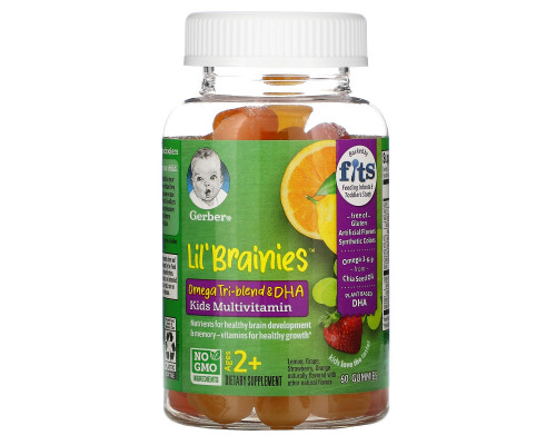 Gerber, Lil Brainies, Omega Tri-Blend & DHA, Kids Multivitamin, Ages 2+, 60 Gummies Gerber, Lil Brainies, Omega Tri-Blend & DHA, Kids Multivitamin, Ages 2+, 60 Gummies
