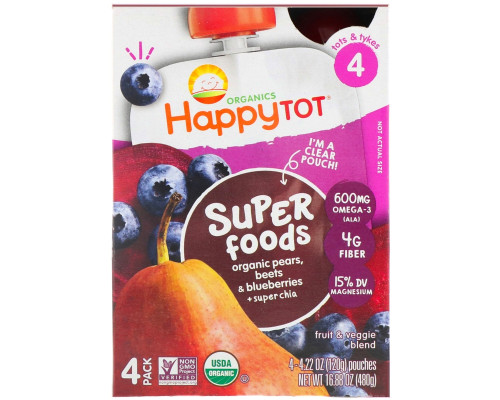 Nurture Inc. (Happy Baby), Happy Tot, Fruit & Veggie Blend, Organic Pears, Blueberries & Beets + Super Chia, Stage 4, 4 Pack - 4.22 oz (120 g) Each Nurture Inc. (Happy Baby), Happy Tot, Fruit & Veggie Blend, Organic Pears, Blueberries & Beets + Super Chia, Stage 4, 4 Pack - 4.22 oz (120 g) Each