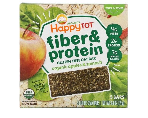 Nurture Inc. (Happy Baby), Happytot, Fiber & Protein Soft-Baked Oat Bar, Organic Apples & Spinach, 5 Bars, 0.88 oz (25 g) Each Nurture Inc. (Happy Baby), Happytot, Fiber & Protein Soft-Baked Oat Bar, Organic Apples & Spinach, 5 Bars, 0.88 oz (25 g) Each