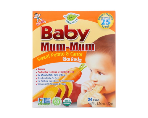 Hot Kid, Baby Mum-Mum, рисовые сухарики с бататом и морковью, 24 сухарика, по 50 г (1,76 унций) каждый Hot Kid, Baby Mum-Mum, рисовые сухарики с бататом и морковью, 24 сухарика, по 50 г (1,76 унций) каждый