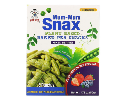 Hot Kid, Mum-Mum Snax, Baked Pea Snacks, Mixed Berries, 5 Pouches, 1.76 oz (50 g) Hot Kid, Mum-Mum Snax, Baked Pea Snacks, Mixed Berries, 5 Pouches, 1.76 oz (50 g)