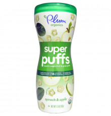 Plum Organics Super Puffs органические колечки из овощей фруктов и злаков шпинат и яблоко 15 унции (42 г)