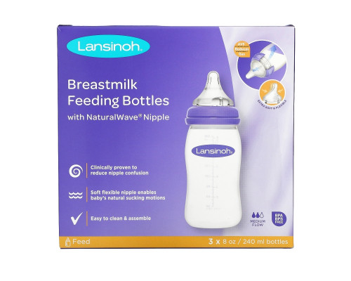 Lansinoh, Бутылки с соской Natural Wave, средний поток, 3 бутылки, по 8 унций (240 мл) каждая Lansinoh, Бутылки с соской Natural Wave, средний поток, 3 бутылки, по 8 унций (240 мл) каждая