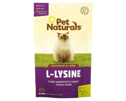 Pet Naturals, L-Lysine, For Cats, All Sizes, Chicken Liver, 250 mg, 60 Chews, 3.17 oz (90 g) Pet Naturals, L-Lysine, For Cats, All Sizes, Chicken Liver, 250 mg, 60 Chews, 3.17 oz (90 g)