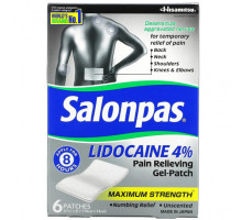 Болеутоляющие и противовоспалительные средства Salonpas, Лидокаин 4% обезболивающий гель-патч, максимальная сила действия, без запаха, 6 патчей