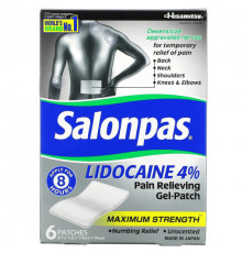 Болеутоляющие и противовоспалительные средства Salonpas, Лидокаин 4% обезболивающий гель-патч, максимальная сила действия, без запаха, 6 патчей