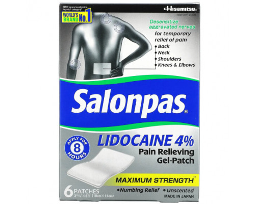 Болеутоляющие и противовоспалительные средства Salonpas, Лидокаин 4% обезболивающий гель-патч, максимальная сила действия, без запаха, 6 патчей Болеутоляющие и противовоспалительные средства Salonpas, Лидокаин 4% обезболивающий гель-патч, максимальная сила действия, без запаха, 6 патчей