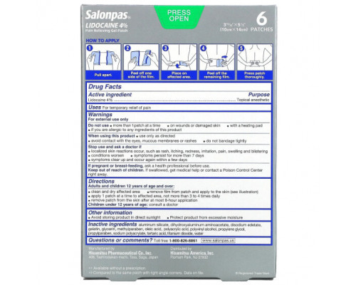 Болеутоляющие и противовоспалительные средства Salonpas, Лидокаин 4% обезболивающий гель-патч, максимальная сила действия, без запаха, 6 патчей Болеутоляющие и противовоспалительные средства Salonpas, Лидокаин 4% обезболивающий гель-патч, максимальная сила действия, без запаха, 6 патчей