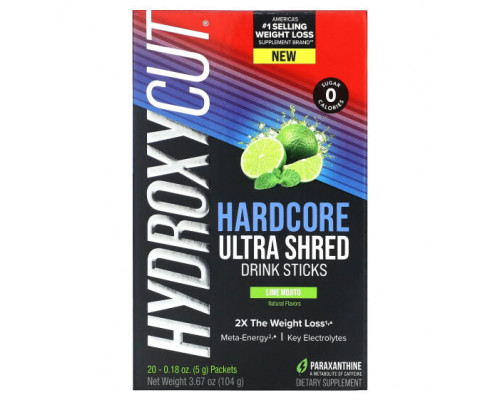 Для похудения и контроля веса Hydroxycut, Hardcore Ultra Shred, напиток в стиках, мохито с лаймом, 20 стиков по 5 г (0,18 унции) Для похудения и контроля веса Hydroxycut, Hardcore Ultra Shred, напиток в стиках, мохито с лаймом, 20 стиков по 5 г (0,18 унции)