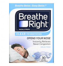 Для здорового сна Breathe Right, Полоски для носа, средние / средние, прозрачные, 30 шт.