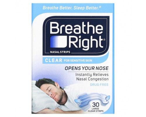 Для здорового сна Breathe Right, Полоски для носа, прозрачные для чувствительной кожи, большие, 30 прозрачных полосок Для здорового сна Breathe Right, Полоски для носа, прозрачные для чувствительной кожи, большие, 30 прозрачных полосок
