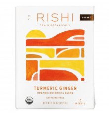 Rishi Tea Натуральный травяной чай куркума и имбирь, в пакетиках, для поддержания иммунитета, без кофеина 15 пакетиков 175 унции (495 г)