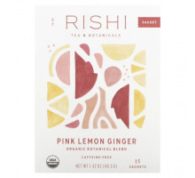 Травяные сборы и чаи Rishi Tea, Органическая растительная смесь, розовый лимон и имбирь, без кофеина, 15 пакетиков, 45 г (1,58 унции)
