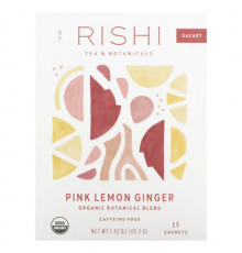 Травяные сборы и чаи Rishi Tea, Органическая растительная смесь, розовый лимон и имбирь, без кофеина, 15 пакетиков, 45 г (1,58 унции)