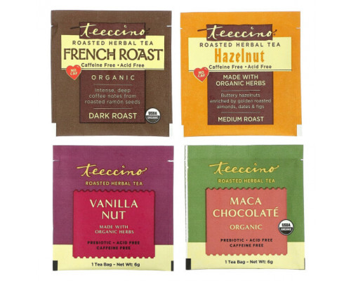 Травяные сборы и чаи Teeccino, Пробник обжаренного травяного чая, 4 вкуса, без кофеина, 12 чайных пакетиков, 72 г (2,54 унции) Травяные сборы и чаи Teeccino, Пробник обжаренного травяного чая, 4 вкуса, без кофеина, 12 чайных пакетиков, 72 г (2,54 унции)