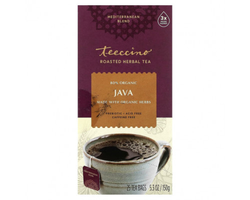 Травяные сборы и чаи Teeccino, Жареный травяной чай, Java, без кофеина, 25 чайных пакетиков, 150 г (5,3 унции) Травяные сборы и чаи Teeccino, Жареный травяной чай, Java, без кофеина, 25 чайных пакетиков, 150 г (5,3 унции)