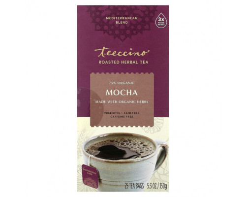 Травяные сборы и чаи Teeccino, Жареный травяной чай, мокко, без кофеина, 25 чайных пакетиков, 150 г (5,3 унции) Травяные сборы и чаи Teeccino, Жареный травяной чай, мокко, без кофеина, 25 чайных пакетиков, 150 г (5,3 унции)