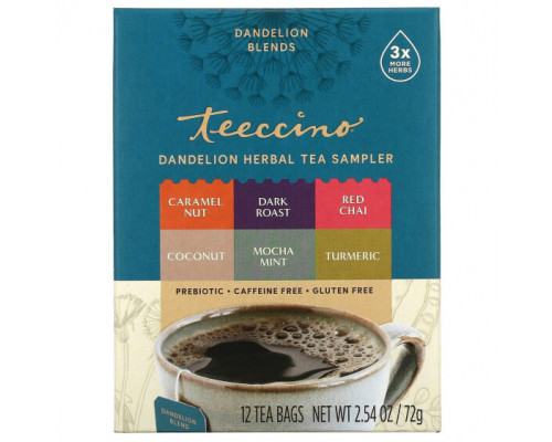 Травяные сборы и чаи Teeccino, Пробник травяного чая с одуванчиком, 6 вкусов, без кофеина, 12 чайных пакетиков, 72 г (2,54 унции) Травяные сборы и чаи Teeccino, Пробник травяного чая с одуванчиком, 6 вкусов, без кофеина, 12 чайных пакетиков, 72 г (2,54 унции)
