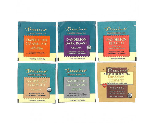 Травяные сборы и чаи Teeccino, Пробник травяного чая с одуванчиком, 6 вкусов, без кофеина, 12 чайных пакетиков, 72 г (2,54 унции) Травяные сборы и чаи Teeccino, Пробник травяного чая с одуванчиком, 6 вкусов, без кофеина, 12 чайных пакетиков, 72 г (2,54 унции)