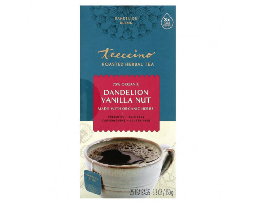 Травяные сборы и чаи Teeccino, Жареный травяной чай, одуванчик, ваниль, орехи, без кофеина, 25 чайных пакетиков, 150 г (5,3 унции) Травяные сборы и чаи Teeccino, Жареный травяной чай, одуванчик, ваниль, орехи, без кофеина, 25 чайных пакетиков, 150 г (5,3 унции)