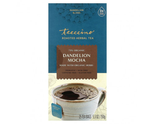 Травяные сборы и чаи Teeccino, Жареный травяной чай, мокко из одуванчика, без кофеина, 25 чайных пакетиков, 150 г (5,3 унции) Травяные сборы и чаи Teeccino, Жареный травяной чай, мокко из одуванчика, без кофеина, 25 чайных пакетиков, 150 г (5,3 унции)