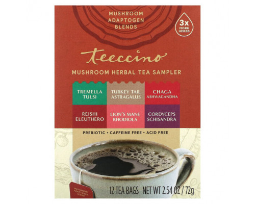 Травяные сборы и чаи Teeccino, Пробники травяного чая с грибами, 6 вкусов, без кофеина, 12 чайных пакетиков, 72 г (2,54 унции) Травяные сборы и чаи Teeccino, Пробники травяного чая с грибами, 6 вкусов, без кофеина, 12 чайных пакетиков, 72 г (2,54 унции)