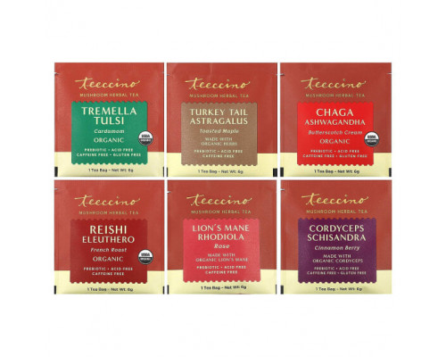 Травяные сборы и чаи Teeccino, Пробники травяного чая с грибами, 6 вкусов, без кофеина, 12 чайных пакетиков, 72 г (2,54 унции) Травяные сборы и чаи Teeccino, Пробники травяного чая с грибами, 6 вкусов, без кофеина, 12 чайных пакетиков, 72 г (2,54 унции)