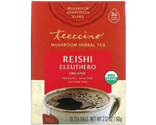 Травяные сборы и чаи Teeccino, Mushroom Herbal Tea, Organic Reishi Eleuthero, French Roast, Caffeine Free, 10 Tea Bags, 2.12 oz (60 g) Травяные сборы и чаи Teeccino, Mushroom Herbal Tea, Organic Reishi Eleuthero, French Roast, Caffeine Free, 10 Tea Bags, 2.12 oz (60 g)
