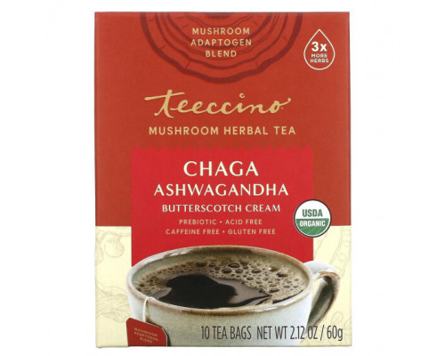 Травяные сборы и чаи Teeccino, чай из грибов и трав, органическая чага, ашвагандха, «Жидкий ирис», без кофеина, 10 чайных пакетиков, 60 г (2,12 унции) Травяные сборы и чаи Teeccino, чай из грибов и трав, органическая чага, ашвагандха, «Жидкий ирис», без кофеина, 10 чайных пакетиков, 60 г (2,12 унции)