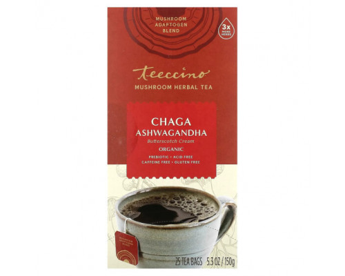 Травяные сборы и чаи Teeccino, Органический грибной травяной чай, чага ашваганда, крем с ириской, без кофеина, 25 чайных пакетиков, 150 г (5,3 унции) Травяные сборы и чаи Teeccino, Органический грибной травяной чай, чага ашваганда, крем с ириской, без кофеина, 25 чайных пакетиков, 150 г (5,3 унции)