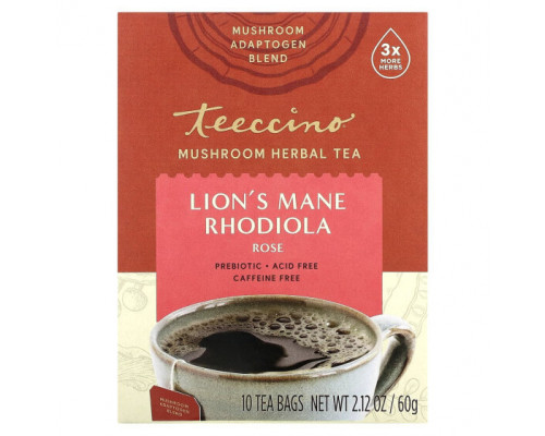 Травяные сборы и чаи Teeccino, Травяной чай с грибами, львиная грива и родиола, роза, без кофеина, 10 чайных пакетиков, 60 г (2,12 унции) Травяные сборы и чаи Teeccino, Травяной чай с грибами, львиная грива и родиола, роза, без кофеина, 10 чайных пакетиков, 60 г (2,12 унции)
