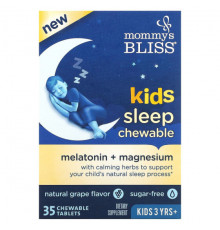 Детское здоровье Mommy's Bliss, детские жевательные таблетки для сна, мелатонин + магний, для детей от 3 лет, натуральный виноград, 35 жевательных таблеток