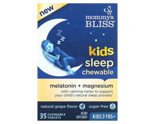 Детское здоровье Mommy's Bliss, детские жевательные таблетки для сна, мелатонин + магний, для детей от 3 лет, натуральный виноград, 35 жевательных таблеток Детское здоровье Mommy's Bliss, детские жевательные таблетки для сна, мелатонин + магний, для детей от 3 лет, натуральный виноград, 35 жевательных таблеток