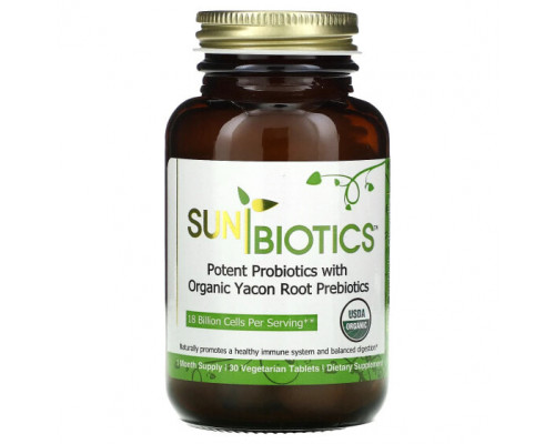 Пребиотики и пробиотики Sunbiotics, Сильные пробиотики с органическими пребиотиками корня якона, 30 вегетарианских таблеток Пребиотики и пробиотики Sunbiotics, Сильные пробиотики с органическими пребиотиками корня якона, 30 вегетарианских таблеток